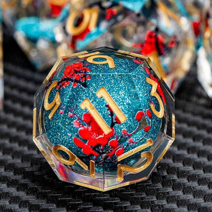 ARUOHHA DND Resin Dice Plum Blossom Liquid Core Dice Golden Blue Sharp Edged Polyhedral Dragons Dice Set with Gift Box, Dungeons D and D Dice Role Playing Game D20 D12 D10 D8 D6 D4