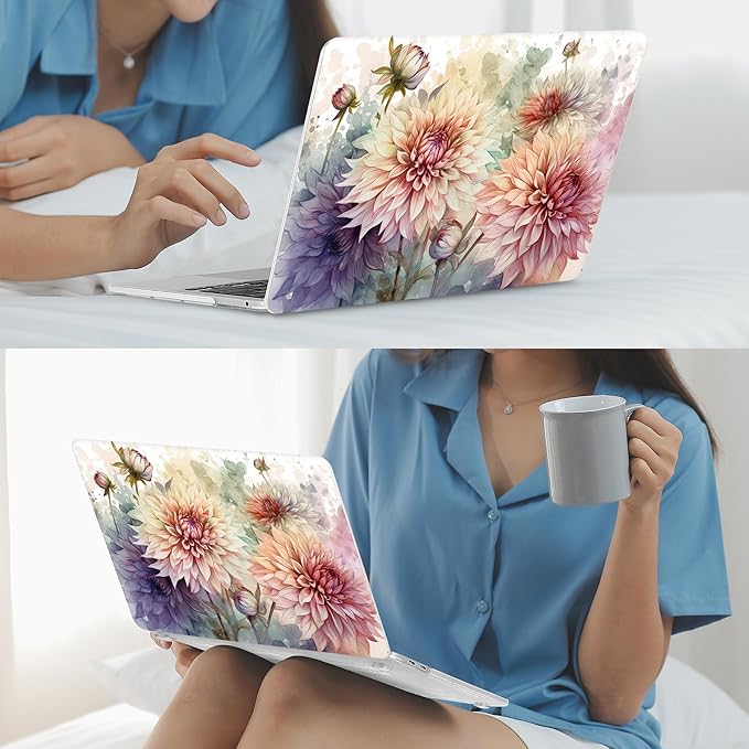 Mektron for MacBook Pro 13-inch Case 2022 2021 2020 Release A2338 M2 M1 A2289 A2251, Printed Plastic Hard Shell Cover for New MacBook Pro 13.3-inch Touch Bar Fits Touch ID, Watercolor Dahlias