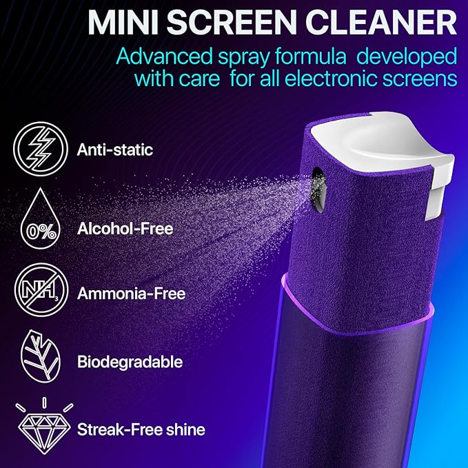 Mini Screen Cleaner Spray – Finger Proof Screen Cleaner for Smartphones, iPads, MacBooks, Laptops, Car Screens, Touchscreens – 3in1 Mist Cleaner, Microfiber Cloth and Protective Cover -Purple