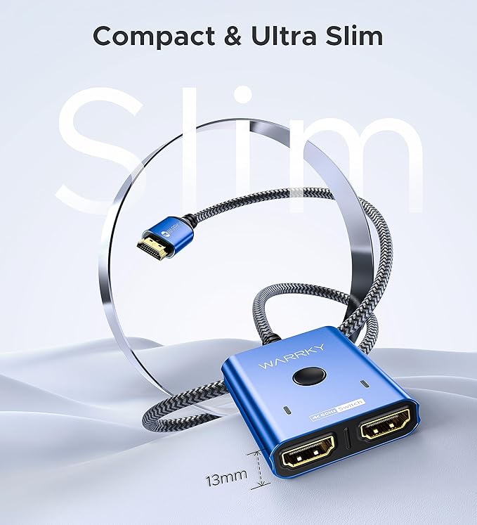 4K@60Hz HDMI Splitter Switch 2 in 1 Out, WARRKY [3.3ft Fixed Braided HDMI Cable, Aluminum Case, HDCP 2.2] Bidirectional 2x1 Switcher UHD Compatible for PS5/4, Nintendo Switch, Roku, FireStick – Blue