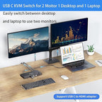 USB C HDMI DP KVM Switch for 1 Desktop+1 Laptop, Dual Monitor KVM Switch 4K@60Hz Support PD with USB C Cable, Wired Controller and Power Adapter