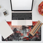 Desk Mat, Red Landscape Painting Desk Pad, Ink Painting Large Gaming Mouse Pad for Desk, 31.5"x15.7" Extended Big Computer Keyboard Mouse Pad with Non-Slip Base and Stitched Edge