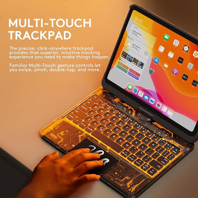 GUSGU Transparent Case with Wireless Keyboard for iPad 11th Gen 11-in.(A16, 2025), 2022 iPad 10th Gen 10.9-in, 7 Colors Backlight, Trackpad, 360°Rotating Stand, Tech Style