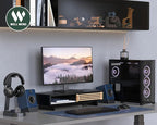 Monitor Stand Riser with Sliding Door, Computer Laptop Stand Desk Shelf Organizer with Storage (Black + Natural Bamboo, 25 Inch)