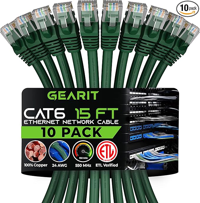 GearIT Cat 6 Ethernet Cable (10-Pack 15 Feet) Cat6 Network Patch, 10Gbps, RJ45, Snagless Cord, Gold-Plated Connectors, Internet for PC, TV, Tablet, Router, Printer, Servers, IT Data Center - Green