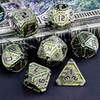 Metal DND Sci-fi Dice Set 7PCS Stripe Polyhedral Dice for Dungeons Dragons RPG Role Playing Game, Glitter D and D Dice with Gift Box D6 D8 D10 D12 D20 (Grey&Green Yellow)