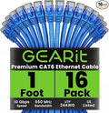 GearIT Cat 6 Ethernet Cable (16-Pack 1 Foot) Cat6 Network Patch, 10Gbps, RJ45, Snagless Cord, Gold-Plated Connectors, Internet for PC, TV, Tablet, Router, Printer, Servers, IT Data Center - Blue