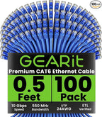 GEARit Cat 6 Ethernet Cable (100-Pack 0.5 Feet) Cat6 Network Patch, 10Gbps, RJ45, Snagless Cord, Gold-Plated Connectors, Internet for PC, TV, Tablet, Router, Printer, Servers, IT Data Center - Blue