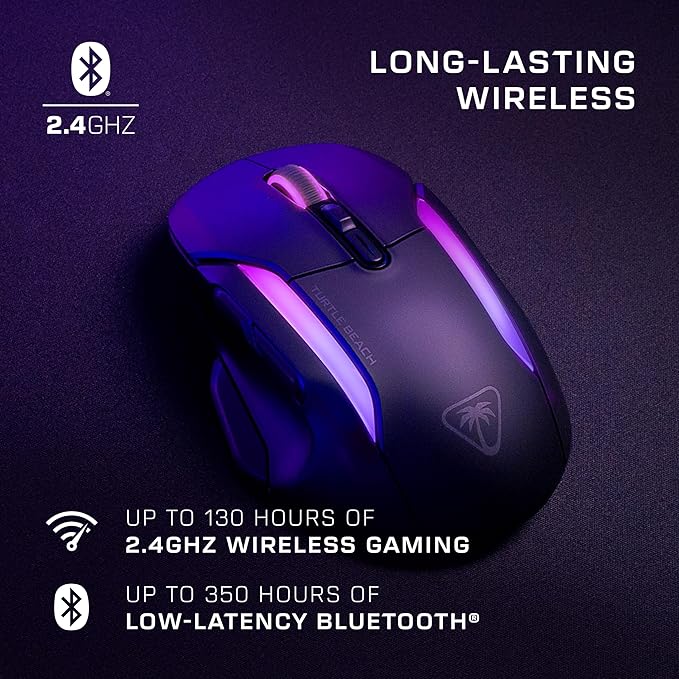 Turtle Beach Kone II Air – Wireless Ergonomic RGB Gaming Mouse, 350-Hr Battery, 26K DPI Optical Sensor, 100M Click Optical Switches, 21 Customizable Inputs, 4D Free-Spin Scroll Wheel – Ash Black