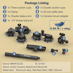 MINIFOCUS Suction Car Mount for Insta360 X5, X4, X3, 5 in 1 Suction Cup Camera Mount Kit with 2in1 Extension Pole, Compatible with Insta360 GoPro Action Camera(Includes 45inch Invisible Selfie Stick)