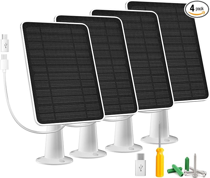 Solar Panel Charger Compatible with Arlo Essential 2K Outdoor(2nd Gen)/Essential XL Camera(2nd Gen)/Essential Spotlight, 5W Solar Panel with IP65 Waterproof 10ft Micro USB-C Cable & Wall Mount, 4 Pack