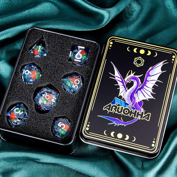 ARUOHHA Liquid Core DND Dice Set, Vampire Sharp Edged Dragons Dice Compatible with D&D RPG Role Playing Games, Resin Blood Red Polyhedral Dungeons D and D Dice with Gift Box D20 D12 D10 D8 D6 D4