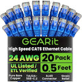GearIT Cat 6 Ethernet Cable Pack - 20-Pack 0.5 ft Cat6 Ethernet Patch Cables | RJ45 Network Patch Cable, 10 Gbps Snagless Gold-Plated Connectors - Ethernet Cable Cat 6 for PC, TV, Router - Blue