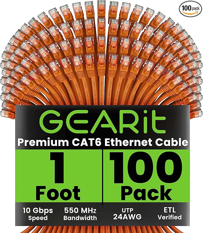 GEARit Cat 6 Ethernet Cable (100-Pack 1 Foot) Cat6 Network Patch, 10Gbps, RJ45, Snagless Cord, Gold-Plated Connectors, Internet for PC, TV, Tablet, Router, Printer, Servers, IT Data Center - Orange
