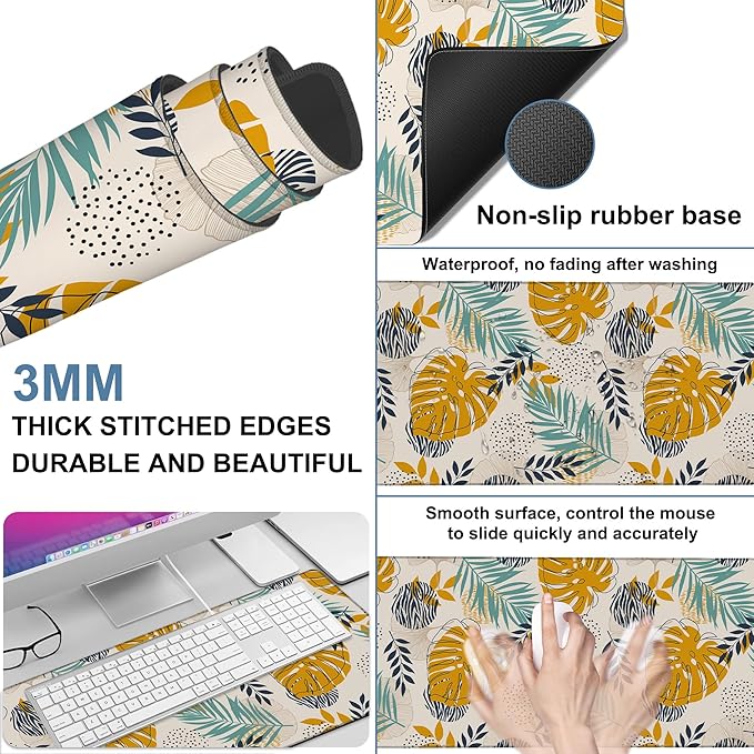Large Mouse Pad Palm Leaves Gaming Desk Pad Computer Keyboard Non-Slip Waterproof Mouse Mat with Rubber Base and Stitched Edges Entertainment Office Writing Desk Mat 35.4 x 15.7 Inches
