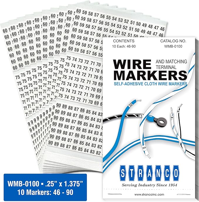 Premium Wire Marker Book for Cable Management, Vinyl-Coated, High-Tack Adhesive, Electric Panel Wire Label Stickers - 10 Pages, 1 Book, Numbered 46-90 (Pack of 25)