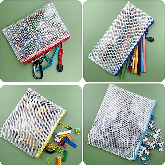 Oaimyy-16Pcs, Mesh Zipper Pouch Document Folders Bag & Plastic Zip File Folders for School Office Supplies, Travel,Puzzles Games Organizing Storage (Inches, MultiSize)