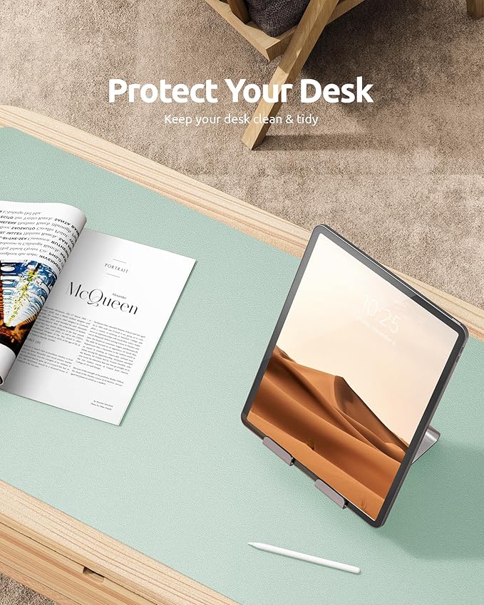 YSAGi Leather Desk Protector, Office Mat, Large Mouse Mat, Non-Slip PU Leather Blotter, Laptop Desk Pad, Waterproof Writing Pad for Office and Home (Pale Green, 35.4" x 17")