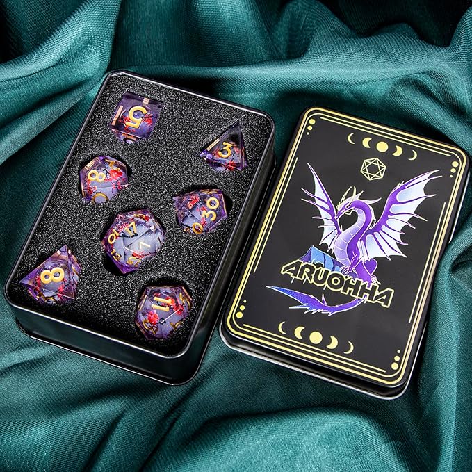 ARUOHHA DND Resin Dice Plum Blossom Liquid Core Golden Purple Sharp Edged Dragons Polyhedral Dice Set with Gift Box, Dungeons D and D Dice Set Role Playing Game D20 D12 D10 D8 D6 D4
