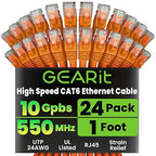 GEARit Cat 6 Ethernet Cable (24-Pack 1 Foot) Cat6 Network Patch, 10Gbps, RJ45, Snagless Cord, Gold-Plated Connectors, Internet for PC, TV, Tablet, Router, Printer, Servers, IT Data Center - Orange