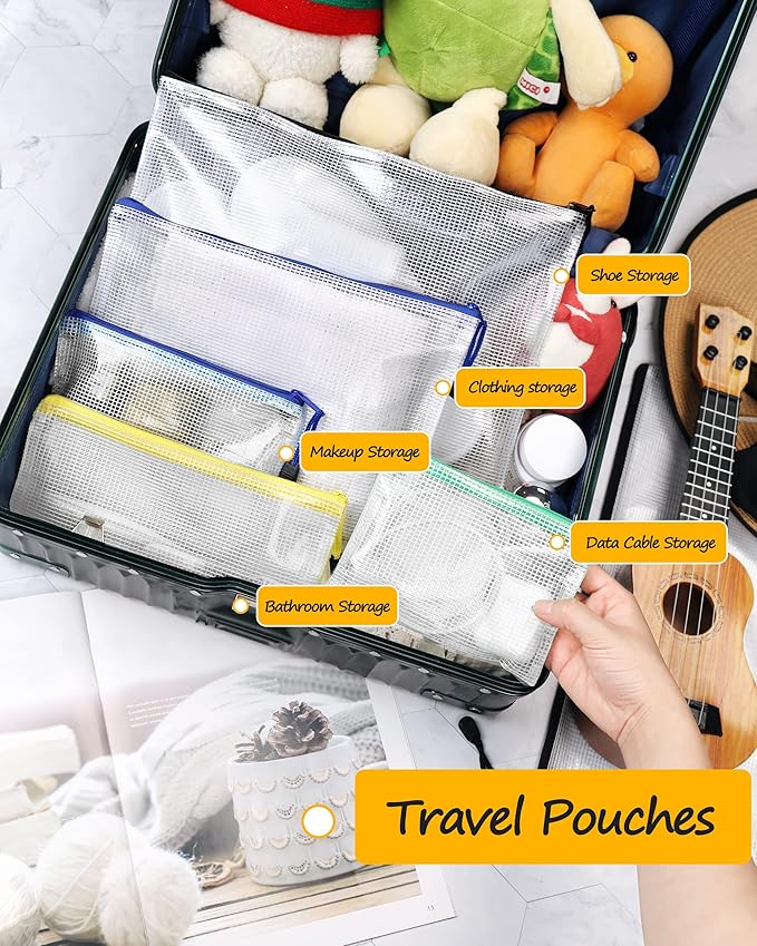 SUNEE Plastic Mesh Zipper Pouch 6x9 in (6 Colors, 12 Packs), Small Water-Resistant Zip Bag for School Office Supplies, Pencil Organizing Storage