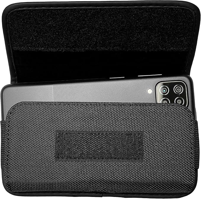 Nylon Cell Phone Holster for Google Pixel 5, Alcatel Insight, Tetra, Verso, Samsung Galaxy S10e, J3, LG Aristo 3/2 - Horizontal Case Canvas Waist Carrying Pouch with Belt Clip/Loops, Black