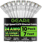 GEARit Cat 6 Ethernet Cable (10-Pack 7 Feet) Cat6 Network Patch, 10Gbps, RJ45, Snagless Cord, Gold-Plated Connectors, Internet for PC, TV, Tablet, Router, Printer, Servers, IT Data Center - White