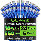 GearIT Cat 6 Ethernet Cable Pack - 24-Pack 5 ft Cat6 Ethernet Patch Cables | RJ45 Network Patch Cable, 10 Gbps Snagless Gold-Plated Connectors - Ethernet Cable Cat 6 for PC, TV, Router - Blue