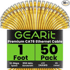 GEARit Cat 6 Ethernet Cable (50-Pack 1 Foot) Cat6 Network Patch, 10Gbps, RJ45, Snagless Cord, Gold-Plated Connectors, Internet for PC, TV, Tablet, Router, Printer, Servers, IT Data Center - Yellow