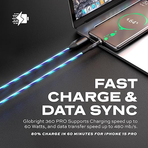 Statik 360 Pro Magnetic Charging Cable - Type C Charger Fast Charging 3 in 1 USB C to USB C Cable, Micro USB & iProduct Tips, USB A Adapter, Fits All Devices - 100W Fast Charger, GloBright 3FT/1M