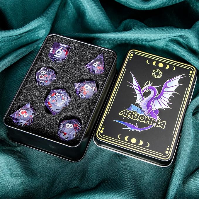ARUOHHA DND Resin Dice Plum Blossom Liquid Core Silver Purple Sharp Edged Polyhedral Dragons Dice Set with Gift Box, Dungeons D and D Dice Compatible with D&D Role Playing Game D20 D12 D8 D6 D4