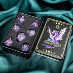 ARUOHHA DND Resin Dice Plum Blossom Liquid Core Silver Purple Sharp Edged Polyhedral Dragons Dice Set with Gift Box, Dungeons D and D Dice Compatible with D&D Role Playing Game D20 D12 D8 D6 D4