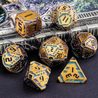 Metal DND Sci-fi Dice Set 7PCS Stripe Polyhedral Dice for Dungeons Dragons RPG Role Playing Game, Glitter D and D Dice with Gift Box D6 D8 D10 D12 D20 (Ancient Gold&Green Purple)