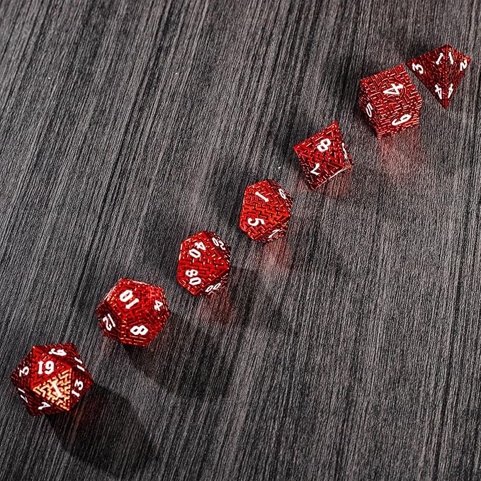 Red Metal Hollow DND Dice Set (Barbarian) Metallic Luster Maze Design with Storage Box - Balanced Weight 7 Piece Zinc Alloy, Designed for Dungeons and Dragons DM and Player RPG Accessories