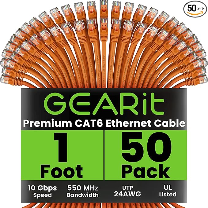 GEARit Cat 6 Ethernet Cable (50-Pack 1 Foot) Cat6 Network Patch, 10Gbps, RJ45, Snagless Cord, Gold-Plated Connectors, Internet for PC, TV, Tablet, Router, Printer, Servers, IT Data Center - Orange