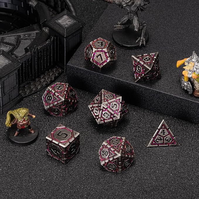 Metal DND Dice Set, Polyhedral Metallic Dice with Cracks for Dungeons and Dragons RPG TTRPG D&D 7-Die Set with Gift Case