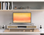 Dual Monitor Stand Riser with Sliding Door, Double Computer Laptop Stand Desk Shelf Organizer with Storage (White + Natural Bamboo, 38 Inch)