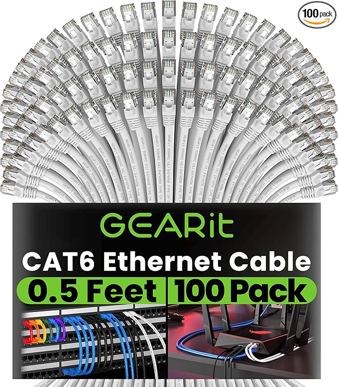 GEARit Cat 6 Ethernet Cable (100-Pack 0.5 Feet) Cat6 Network Patch, 10Gbps, RJ45, Snagless Cord, Gold-Plated Connectors, Internet for PC, TV, Tablet, Router, Printer, Servers, IT Data Center - White