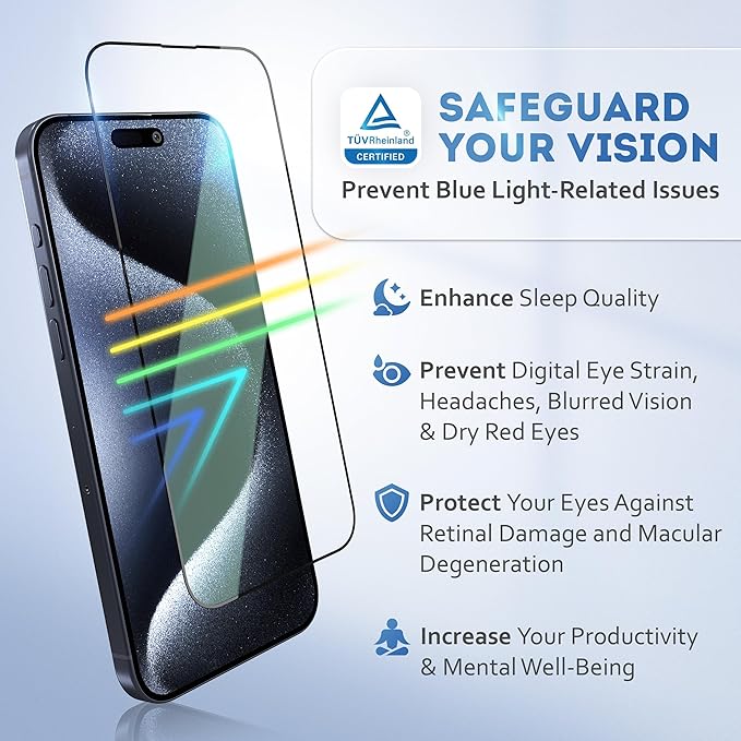 Deppa |2 Pack| Anti-Blue Light Screen Protector for iPhone 15 Pro Max (6.7') | Scratch Resistant Tempered Glass | 3D Edge to Edge Coverage | Easy Installation Kit | Eye Safeguard TÜV Certified