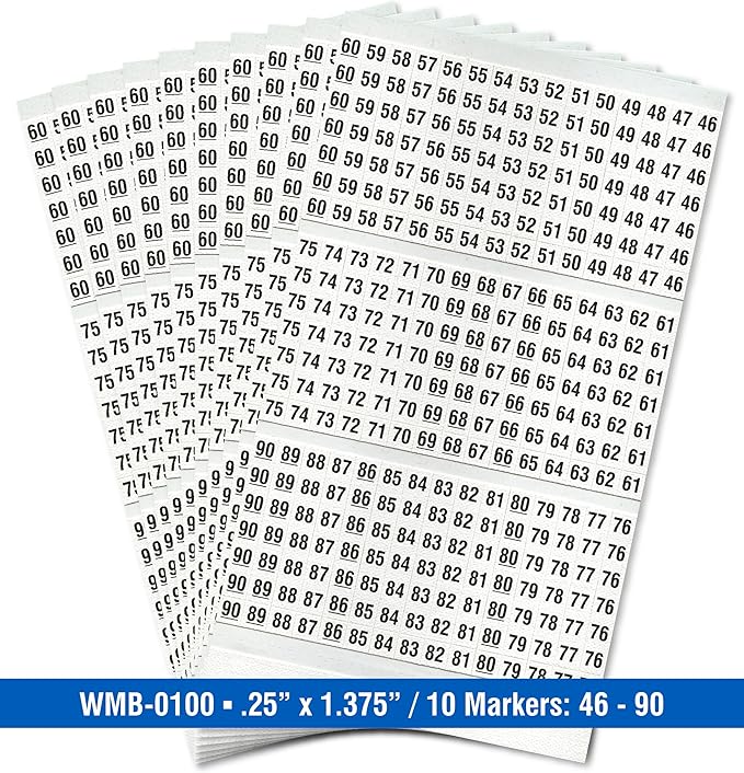 Premium Wire Marker Book for Cable Management, Vinyl-Coated, High-Tack Adhesive, Electric Panel Wire Label Stickers - 10 Pages, 1 Book, Numbered 46-90 (Pack of 1)