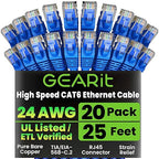 GEARit Cat 6 Ethernet Cable Pack - 20-Pack 25 ft Cat6 Ethernet Patch Cables | RJ45 Network Patch Cable, 10 Gbps Snagless Gold-Plated Connectors - Ethernet Cable Cat 6 for PC, TV, Router - Blue