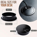 MAHDPRO Metal Desk Grommet 2 Inch (50 mm) Pack of 2-Flat Black Zinc Alloy Metallic Desk Cord Hole Cover to Arrange Cables & Wires Through Computer Table/Countertops