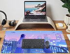 Purple Anime Kawaii Desk Mat Mousepad Cute Cat XXL Large Gaming Japanese Girly Aesthetic Mouse Pad Tokyo Street Desk Mat 31.5x15.75 in, Girl Gamer Desktop Mat Computer Laptop Keyboard Mouse Mat