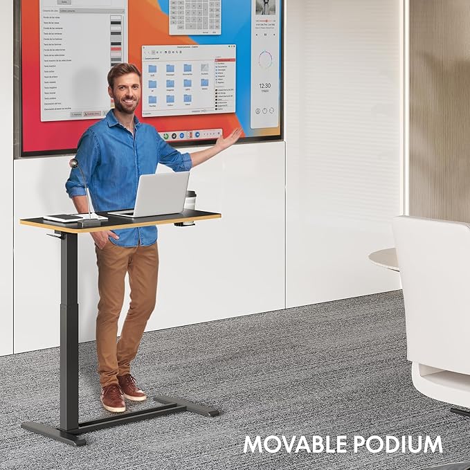 FLEXISPOT Mobile Standing Desk with Wheels Pneumatic Laptop Desk Rolling Computer Cart Movable Height Adjustable Small Sit Stand Desk Computer Workstations Home Use（31.5" W x 17.7" D, Black+Maple