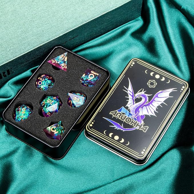 ARUOHHA DND Resin Dice Set 7Pcs Handmade Glitter Inclusions Sharp Edge Dice with Box, Lightning Polyhedral RPG Translucent D and D Dice D20 D12 D10 D8 D6 D4