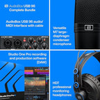 PreSonus AudioBox USB 96 Bundle — USB Audio Interface, XLR Interface for Guitar, Device for PC & Mac, Complete Recording Package with Studio One Pro, Music Production, Home Studio