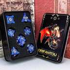 7PCS Metal DND Dice Set with Box, Debris RPG Blue White D and D Dice for D&D Tabletop Games Role Playing Game Polyhedral Dice Set D20 D12 D10 D8 D6 D4