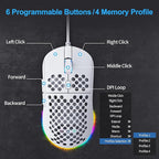 TMKB Falcon M1SE Ultralight Honeycomb Gaming Mouse, High-Precision 12800DPI Optical Sensor, 6 Programmable Buttons, Customizable RGB, Drag-Free Paracord, Ergonomic, Wired - Matte White