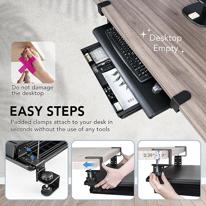 EHO Keyboard Tray with Drawer - Clamp On Under Desk Pull Out Extender Table Attachment Platform with Storage Organizer, Large 27.5" (31.8" Including Clamps) x 12.2", Height Adjustable for Home Office