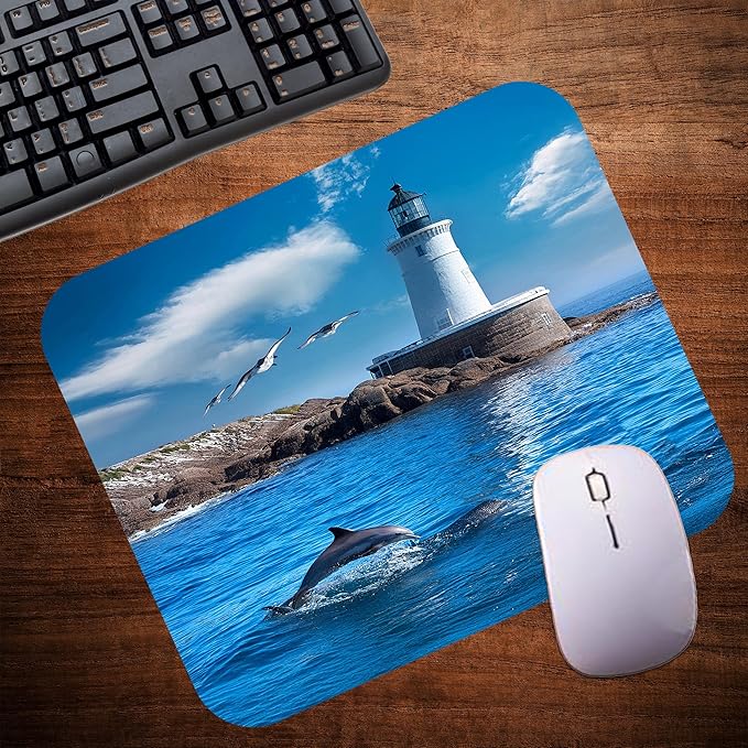 Coastal Shoreline Waves Sandy Beach Theme Mouse Pad Mat Mousepad for Desk Computer Laptop PC Gaming Home or Office Gift (Dolphin Lighthouse MP17)